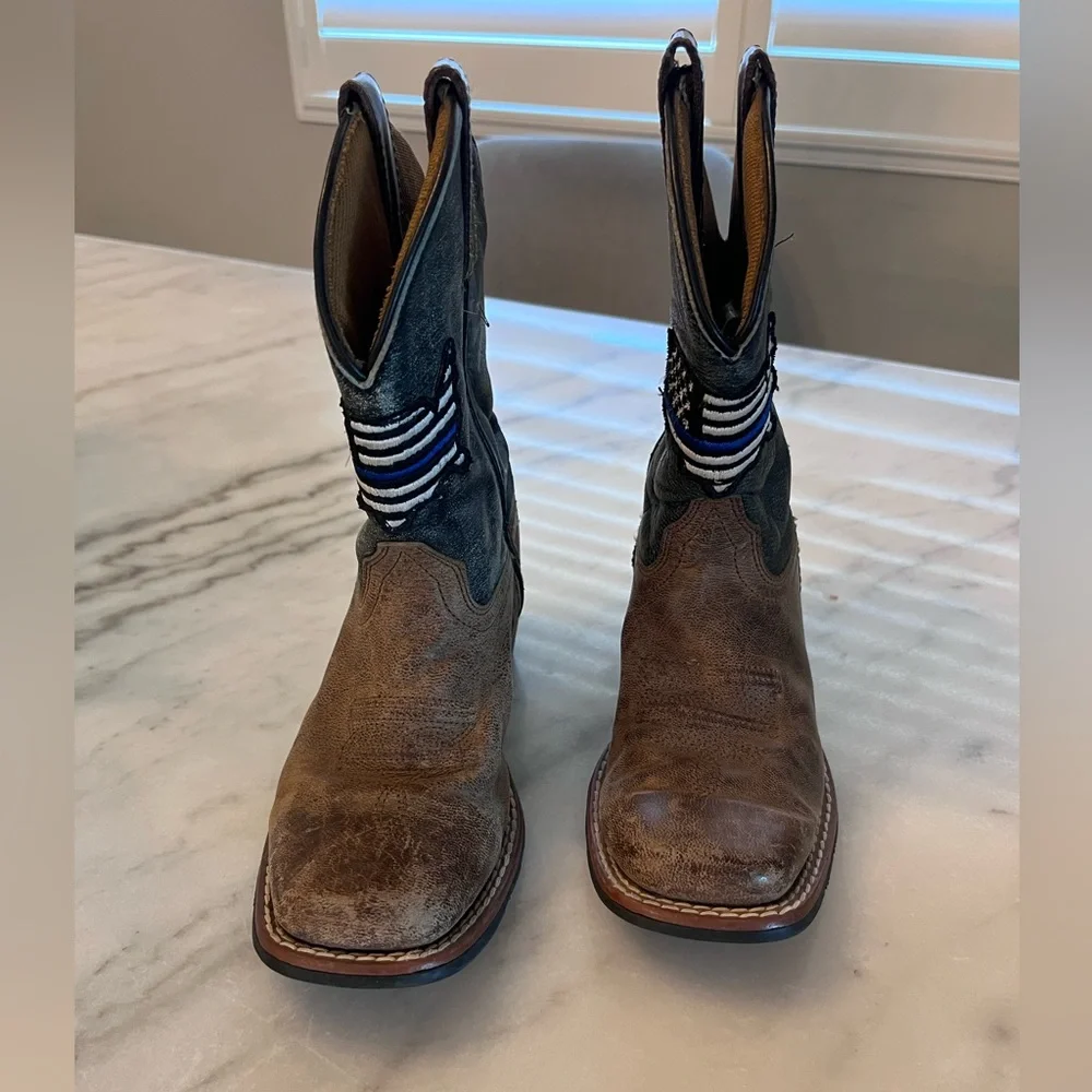 Youth Square Toe Thin Blue Line Flag Patch‎ Cowboy Rodeo Boots